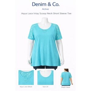 Denim & Co Active Aqua‎ Lace Inlay Scoop Neck Short Sleeve Tee A263170 Plus 2X